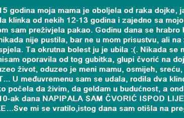 Prije 15 godina moja mama je oboljela od raka dojke, ja sam tad bila klinka od nekih 12-13 godina